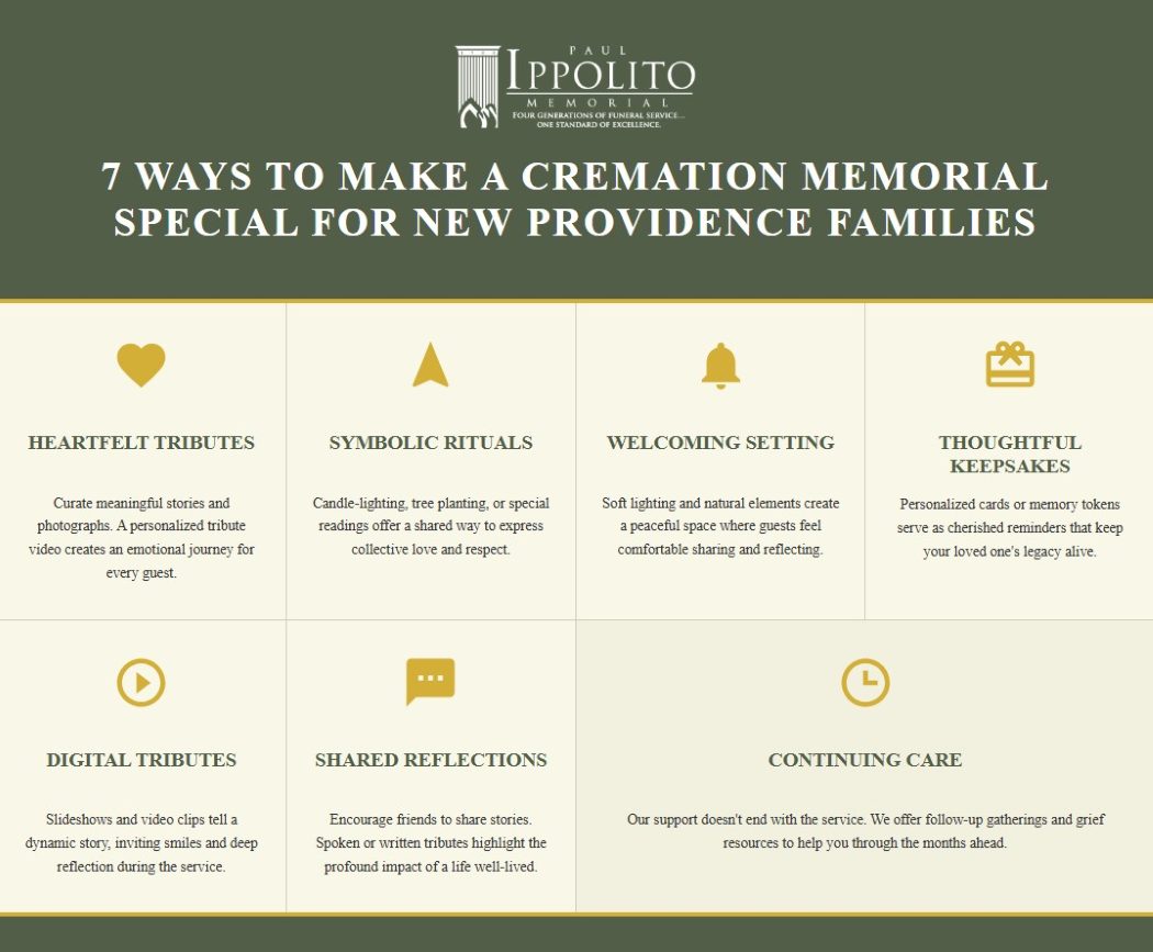 Infographic outlining seven ways to create a meaningful cremation memorial, shared by a New Providence, NJ funeral home and cremations provider.